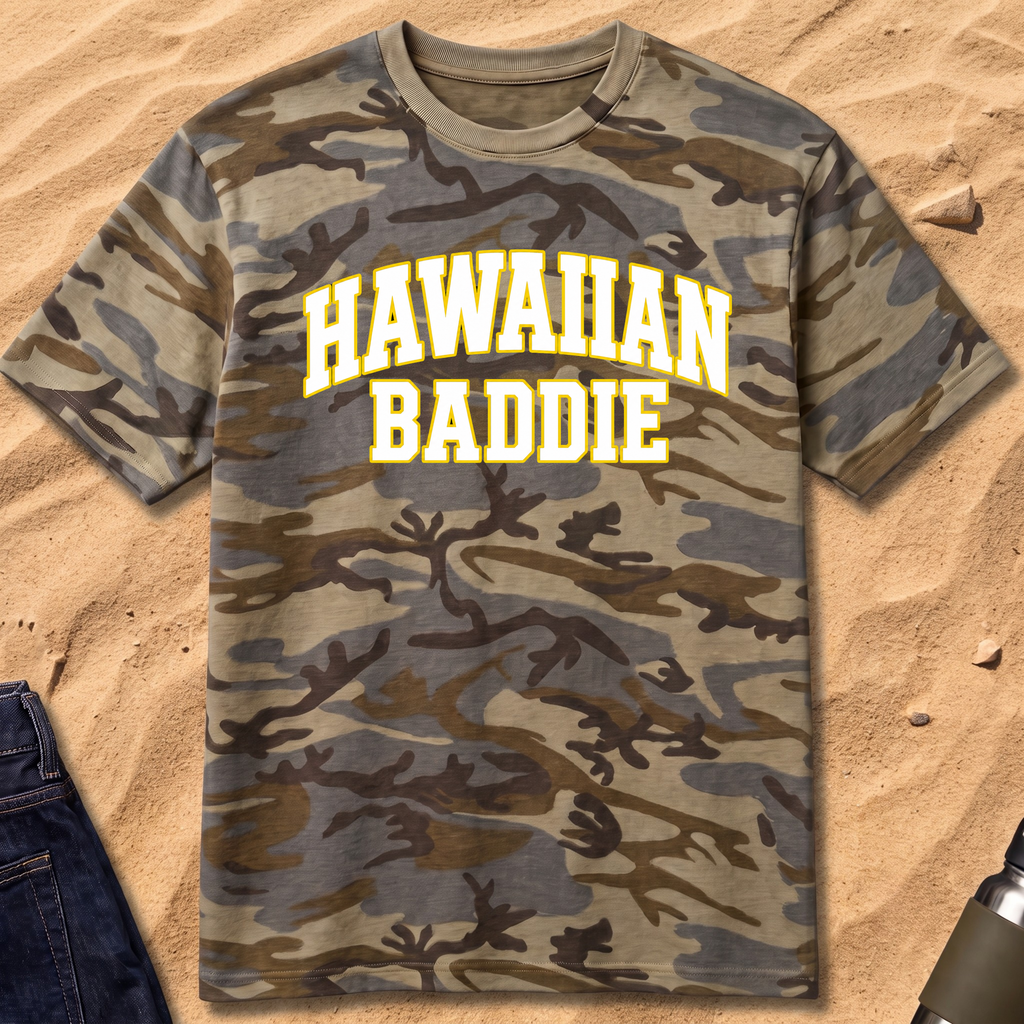 Hawaiian Baddie Camo Tee — Retro Varsity Graphic T-Shirt
