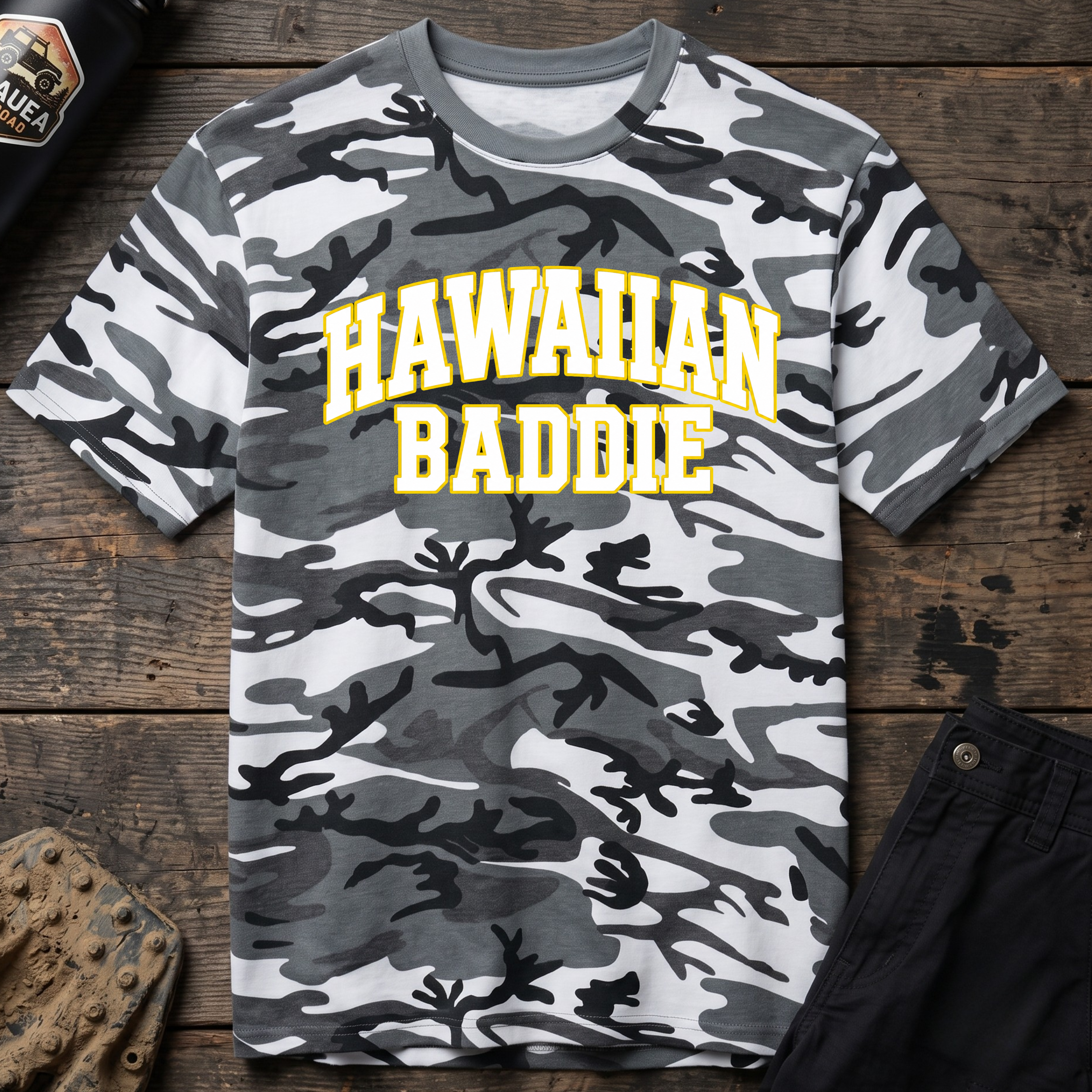 Hawaiian Baddie Camo Tee — Retro Varsity Graphic T-Shirt
