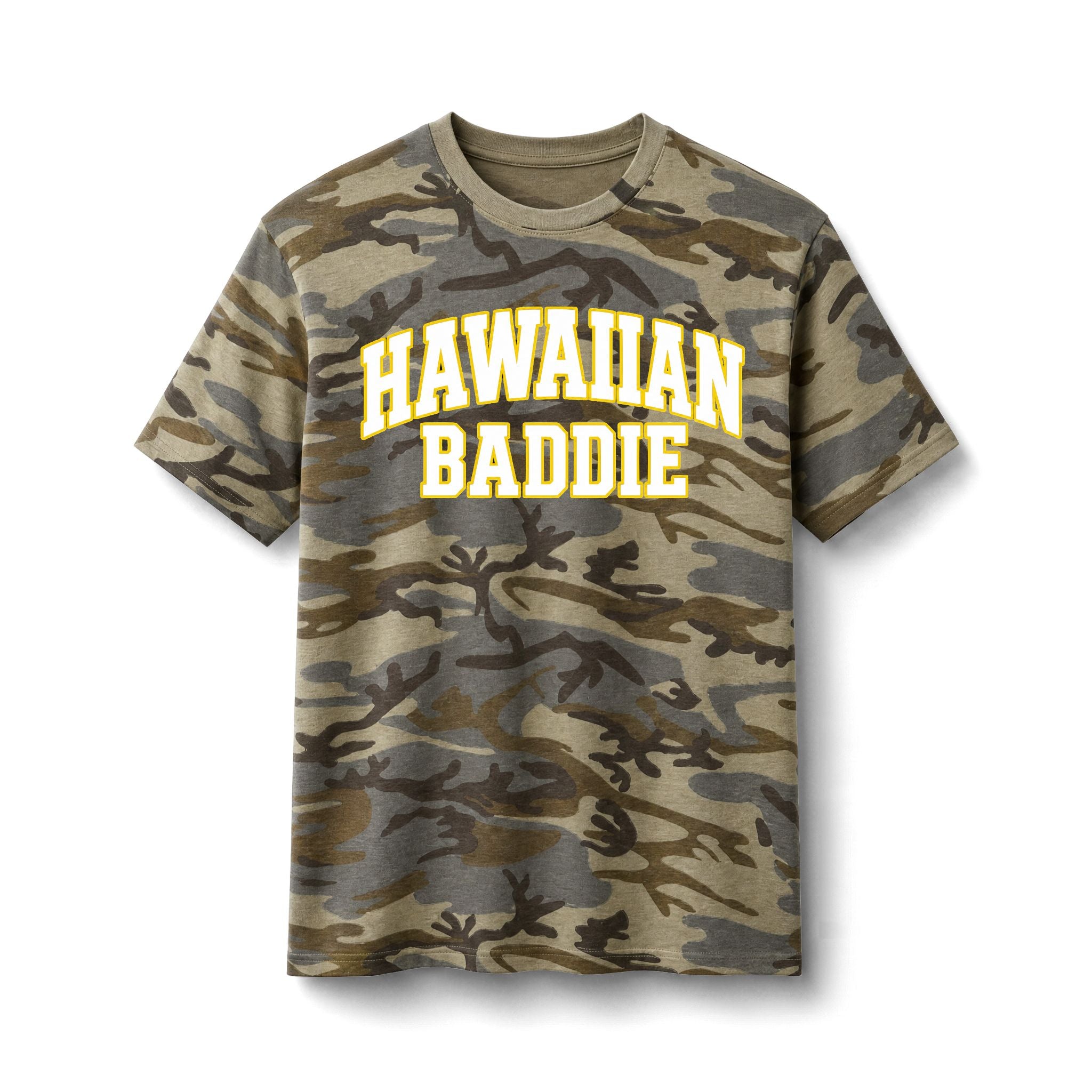 Hawaiian Baddie Camo Tee — Retro Varsity Graphic T-Shirt