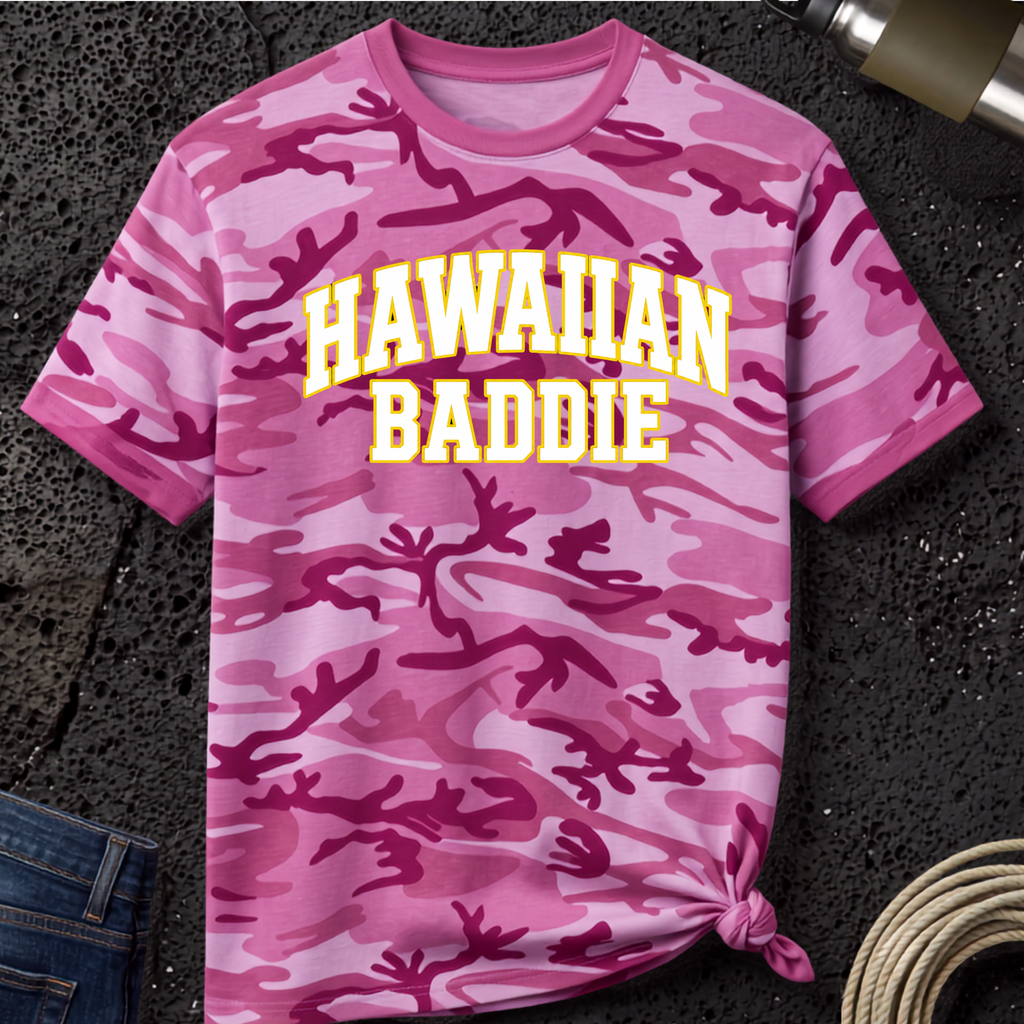 Hawaiian Baddie Camo Tee — Retro Varsity Graphic T-Shirt