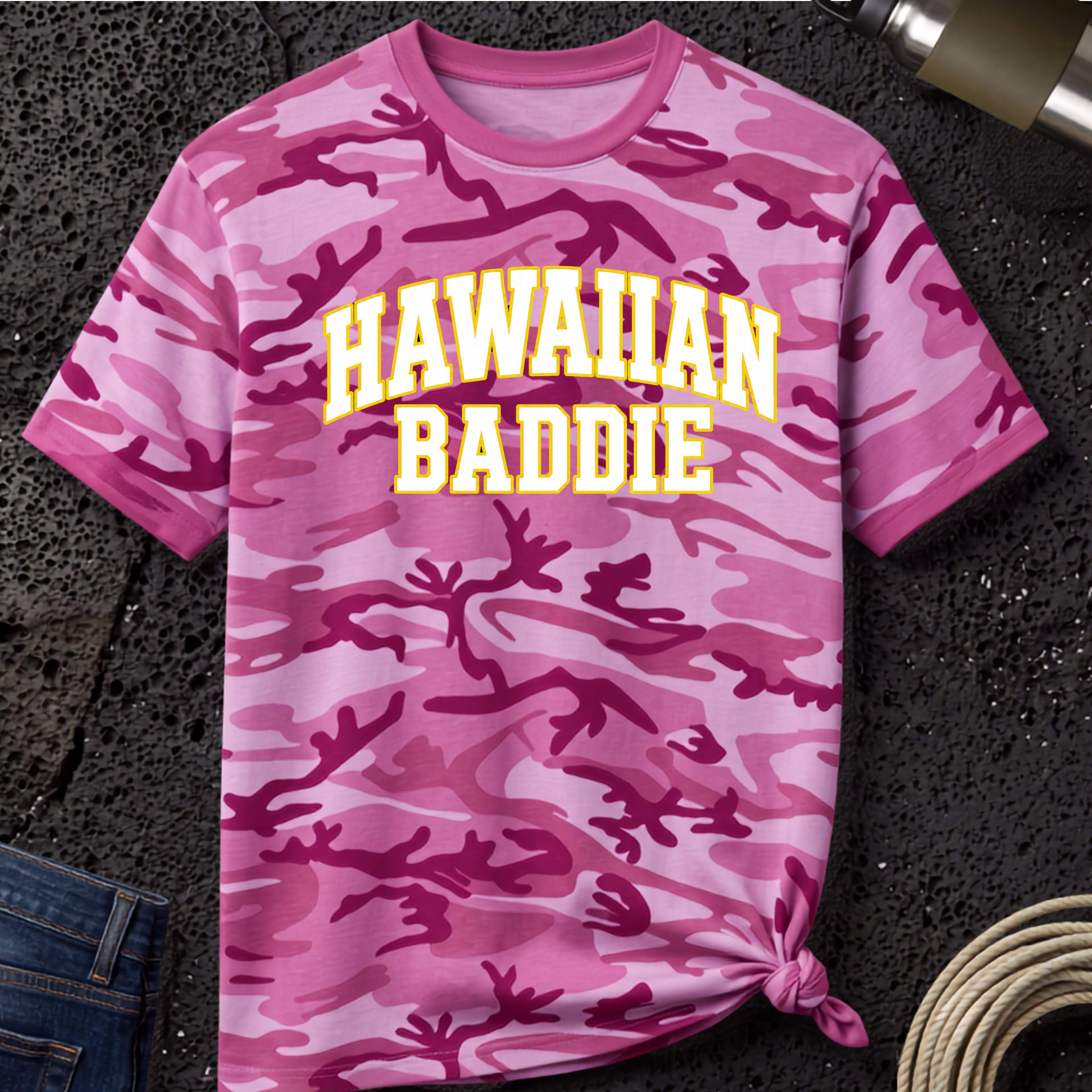 Hawaiian Baddie Camo Tee — Retro Varsity Graphic T-Shirt
