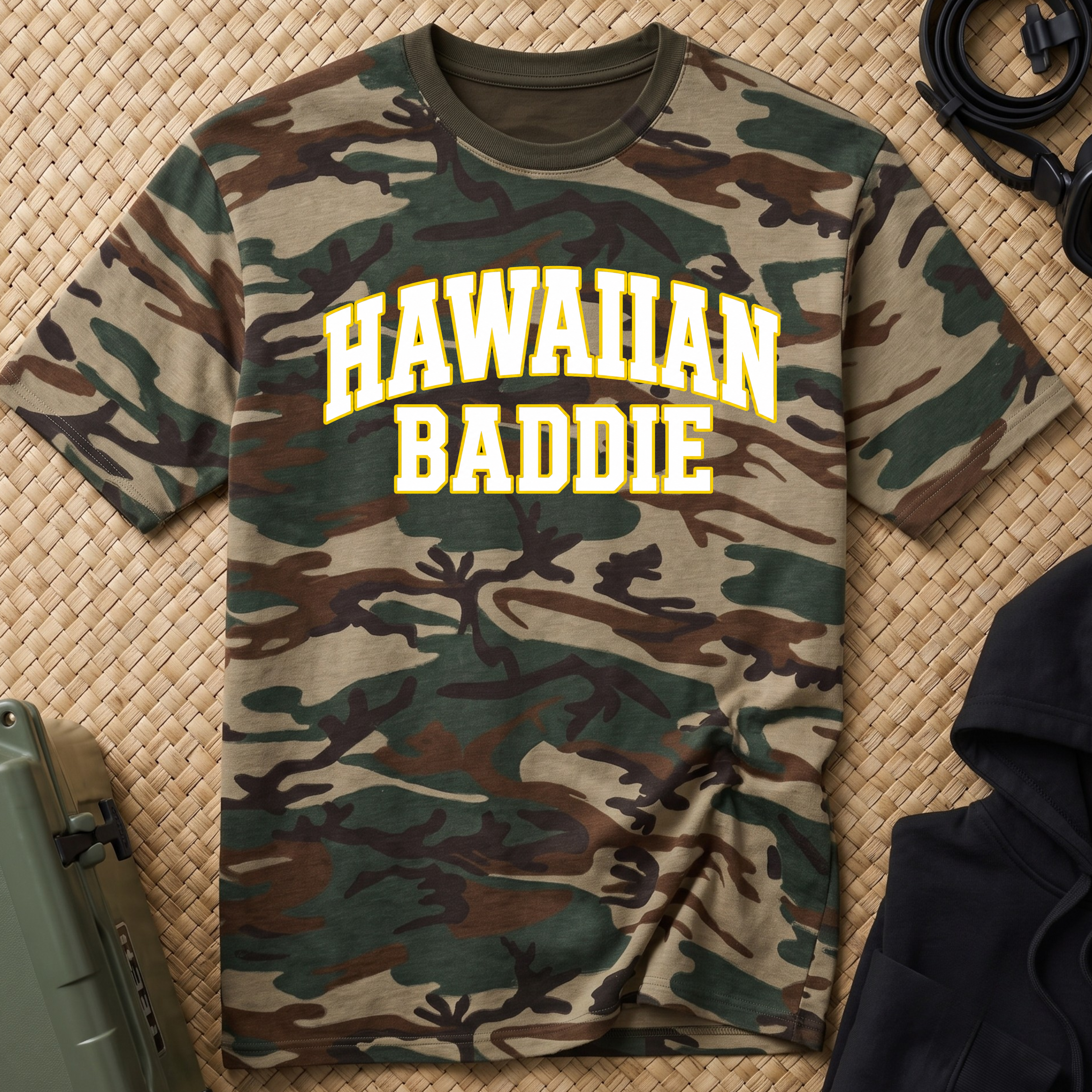 Hawaiian Baddie Camo Tee — Retro Varsity Graphic T-Shirt