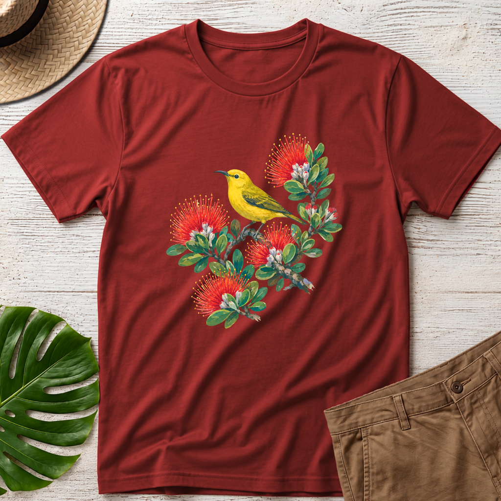 Yellow Bird Hawaiian Floral T-Shirt - Hawaii Amakihi on Ohia Tree
