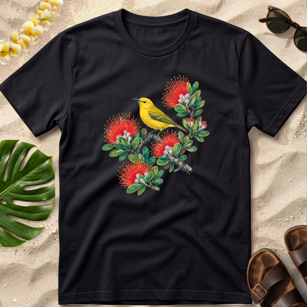 Yellow Bird Hawaiian Floral T-Shirt - Hawaii Amakihi on Ohia Tree