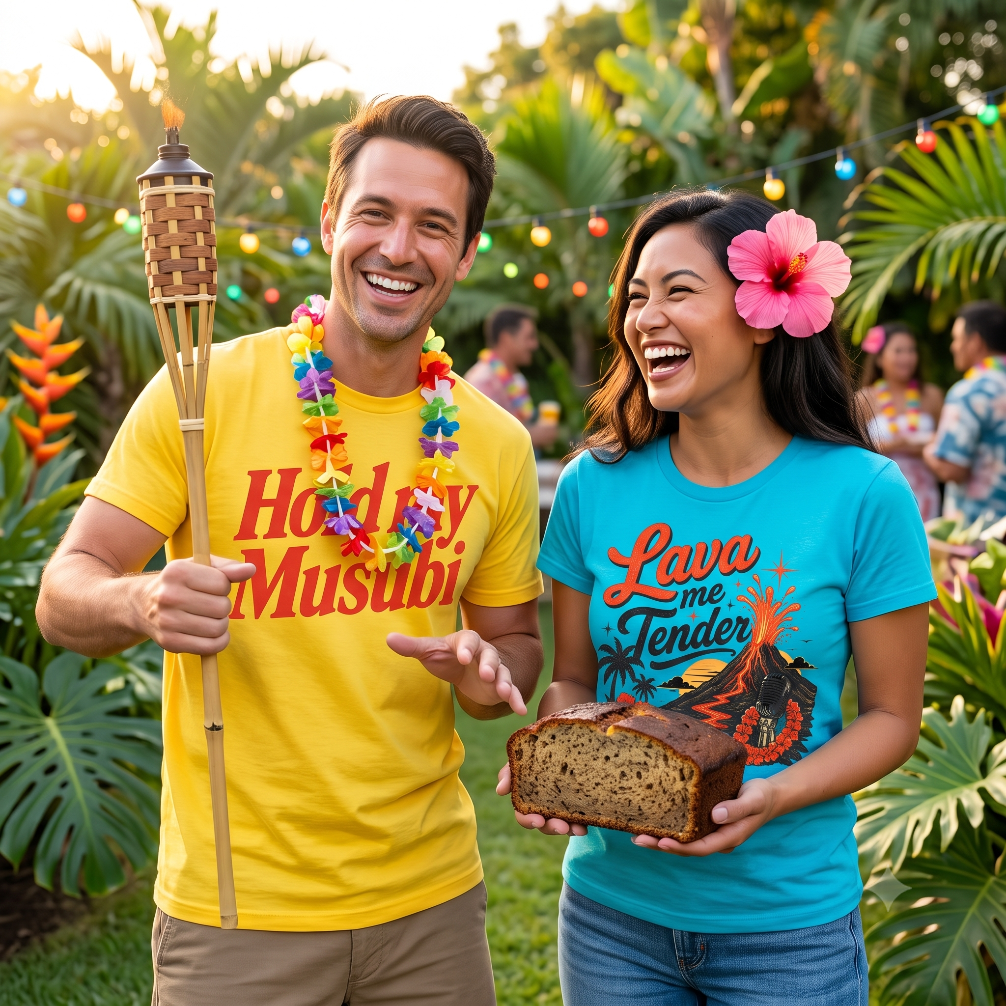 Couple wearing Lei'd Back T-shirts