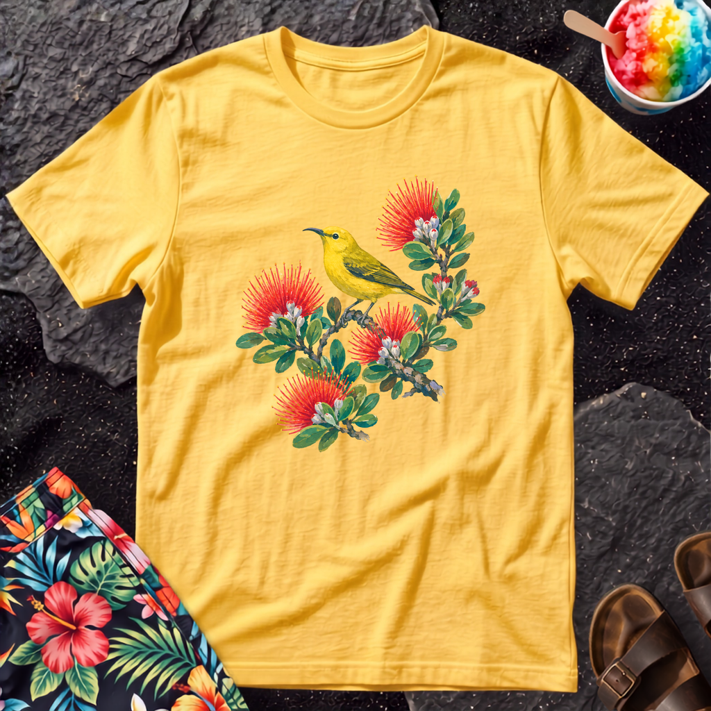 Yellow Bird Hawaiian Floral T-Shirt - Hawaii Amakihi on Ohia Tree