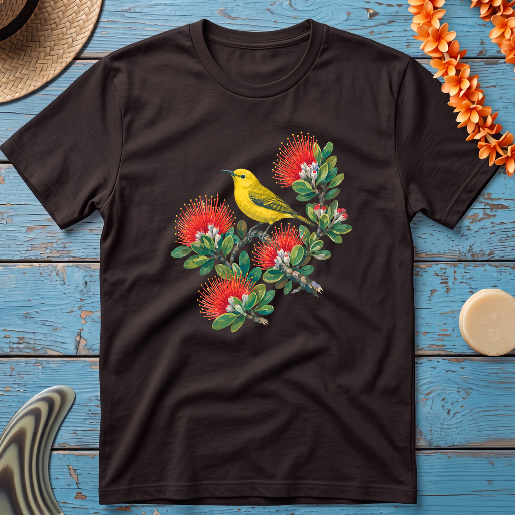 Yellow Bird Hawaiian Floral T-Shirt - Hawaii Amakihi on Ohia Tree