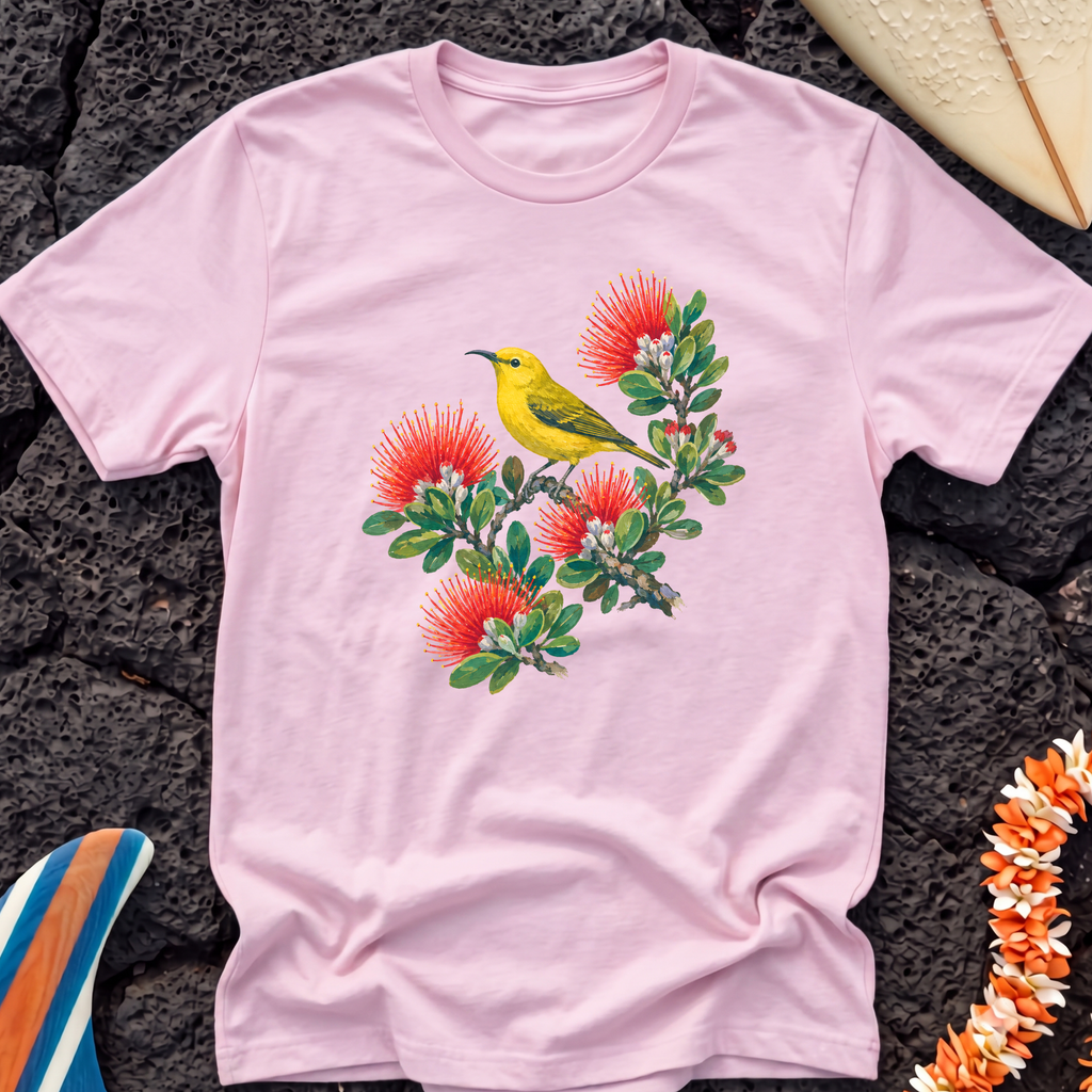 Yellow Bird Hawaiian Floral T-Shirt - Hawaii Amakihi on Ohia Tree