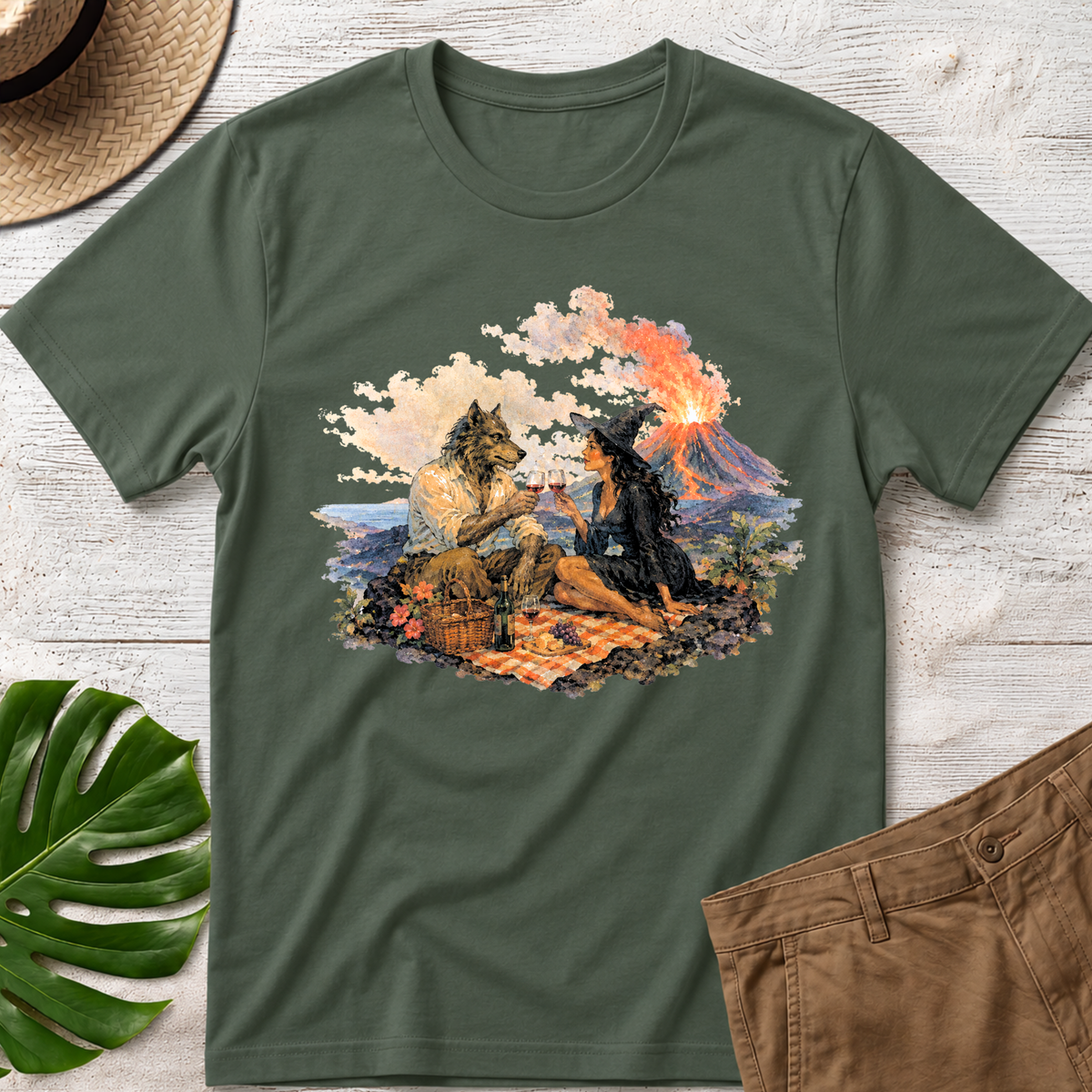 Wolf & The Witch Volcano T-Shirt — Mythic Wilderness Scenic Tee