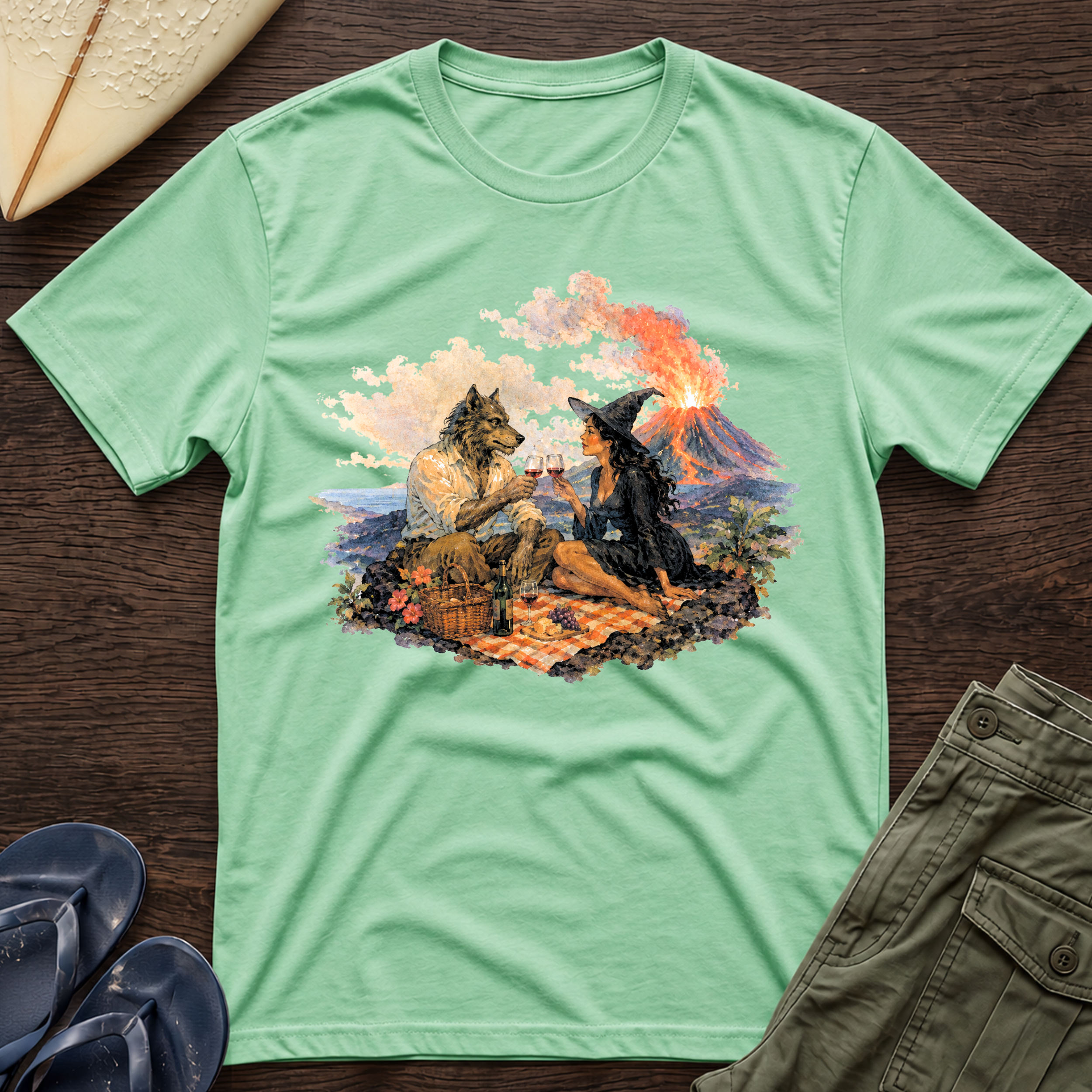 Wolf & The Witch Volcano T-Shirt — Mythic Wilderness Scenic Tee