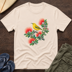 Yellow Bird Hawaiian Floral T-Shirt - Hawaii Amakihi on Ohia Tree