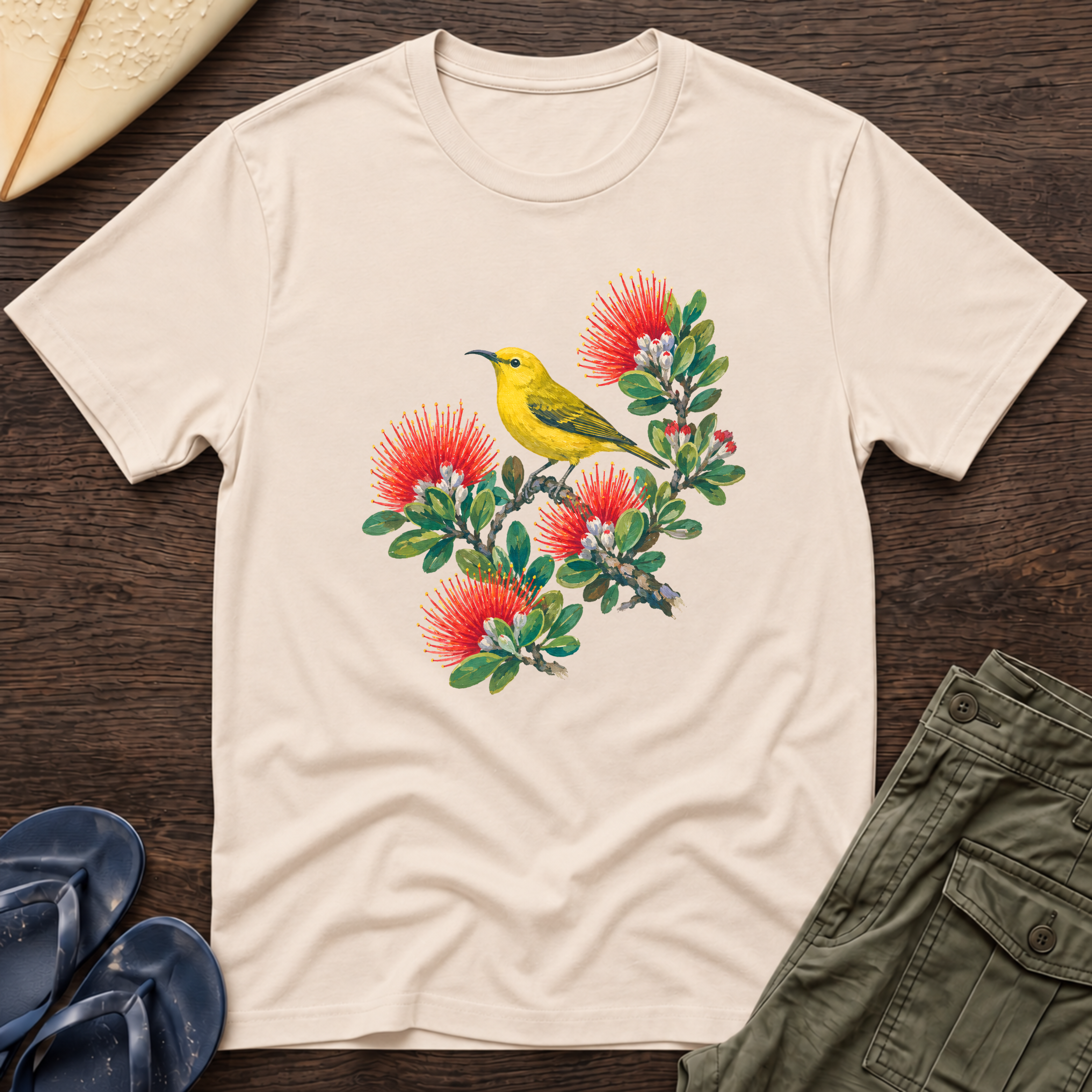 Yellow Bird Hawaiian Floral T-Shirt - Hawaii Amakihi on Ohia Tree