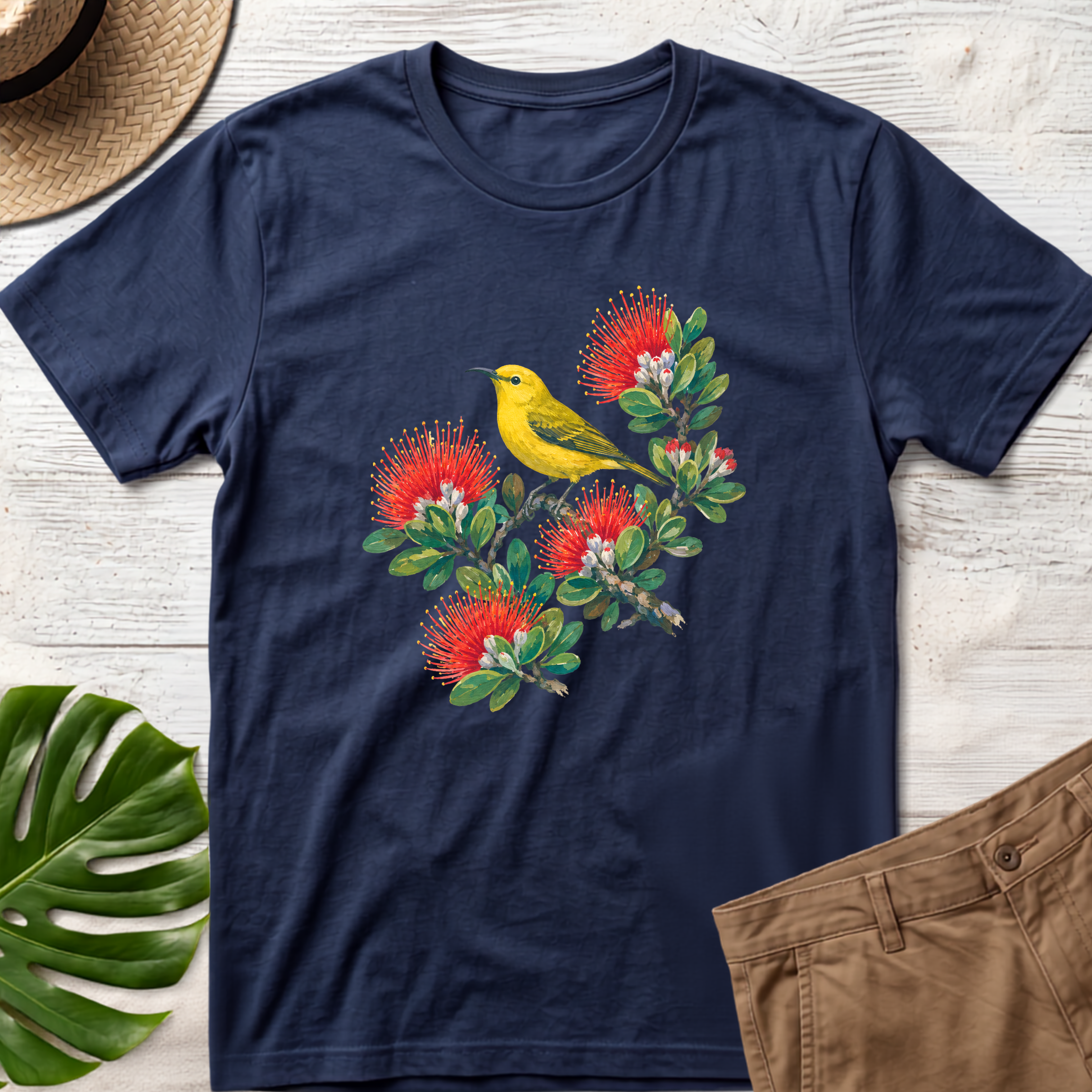 Yellow Bird Hawaiian Floral T-Shirt - Hawaii Amakihi on Ohia Tree
