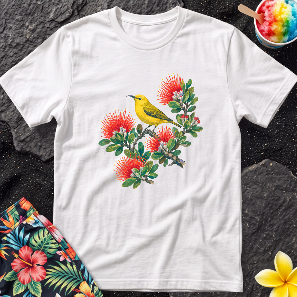Yellow Bird Hawaiian Floral T-Shirt - Hawaii Amakihi on Ohia Tree
