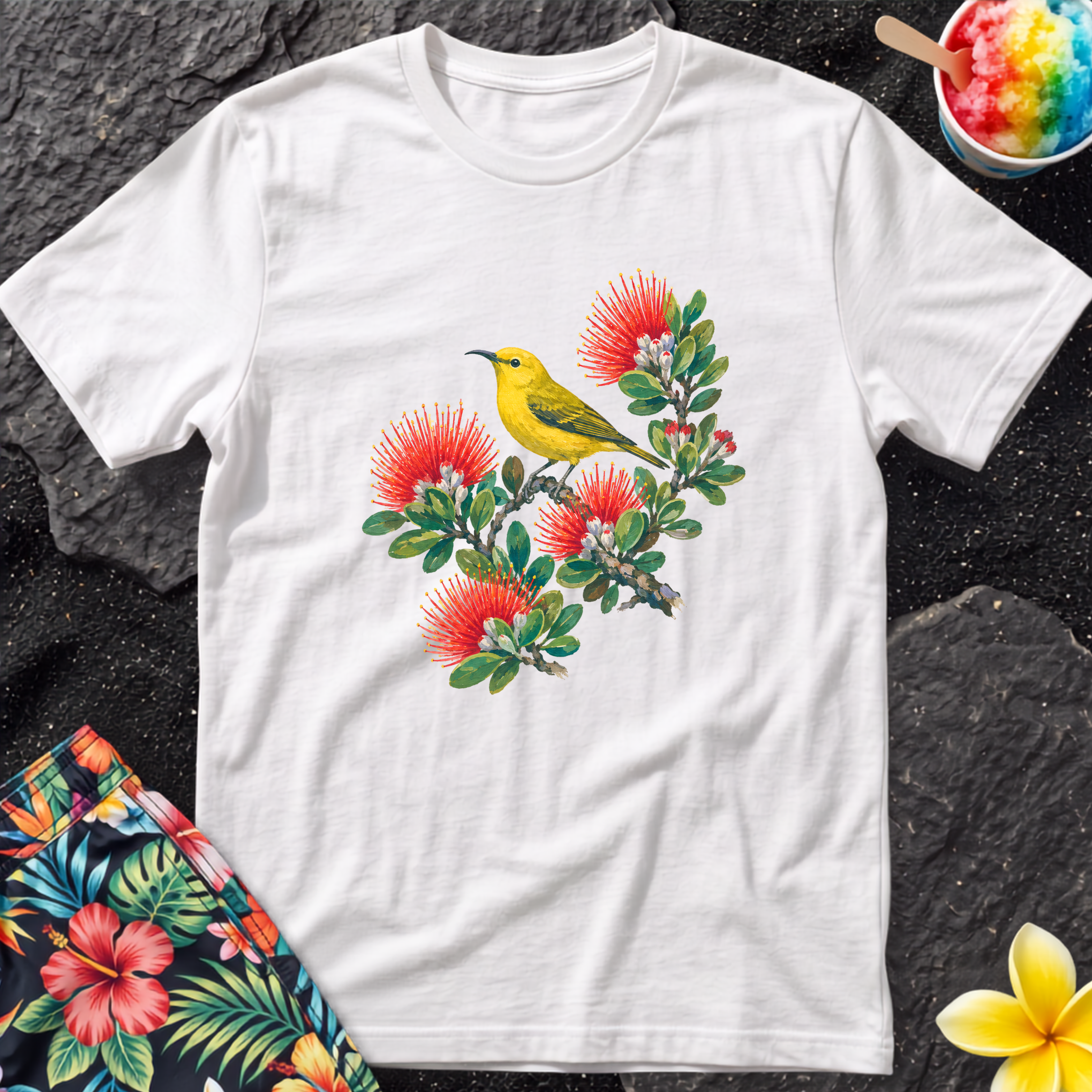 Yellow Bird Hawaiian Floral T-Shirt - Hawaii Amakihi on Ohia Tree